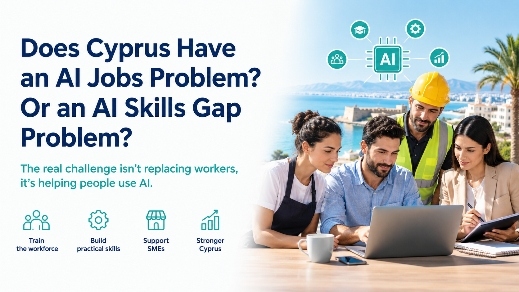 Short infographic with key points about jobs, AI and skills in Cyprus
