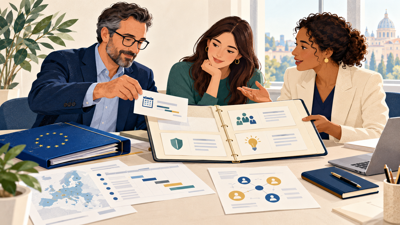 A decorative image with three people sitting around a table and discussing project management issues